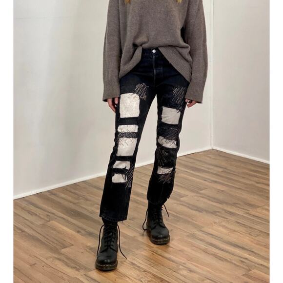 FREE PEOPLE x Rialto Levi501 Straight Leg Patch Jeans Black Dark Denim Size 30 - Picture 1 of 8